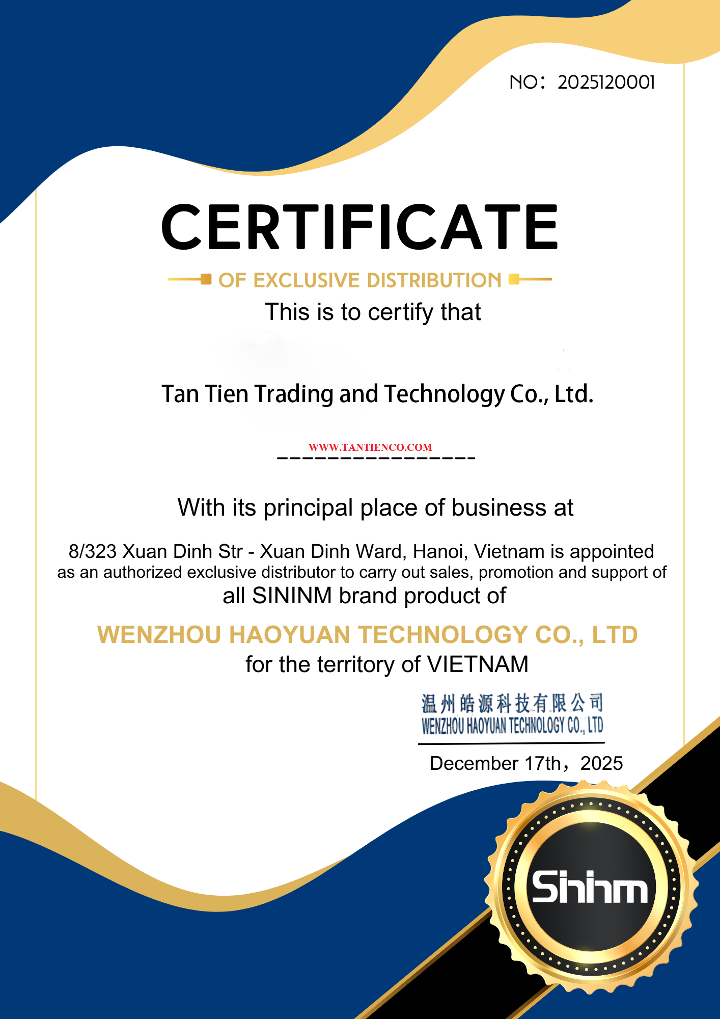 CERTIFICATE OF EXLUSIVE DISTRIBUTION VN