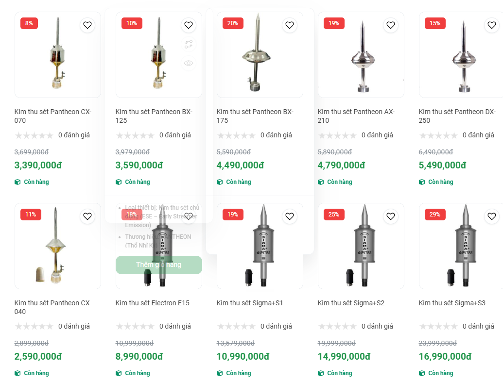 Các mẫu kim thu sét được Tân Tiến cung cấp